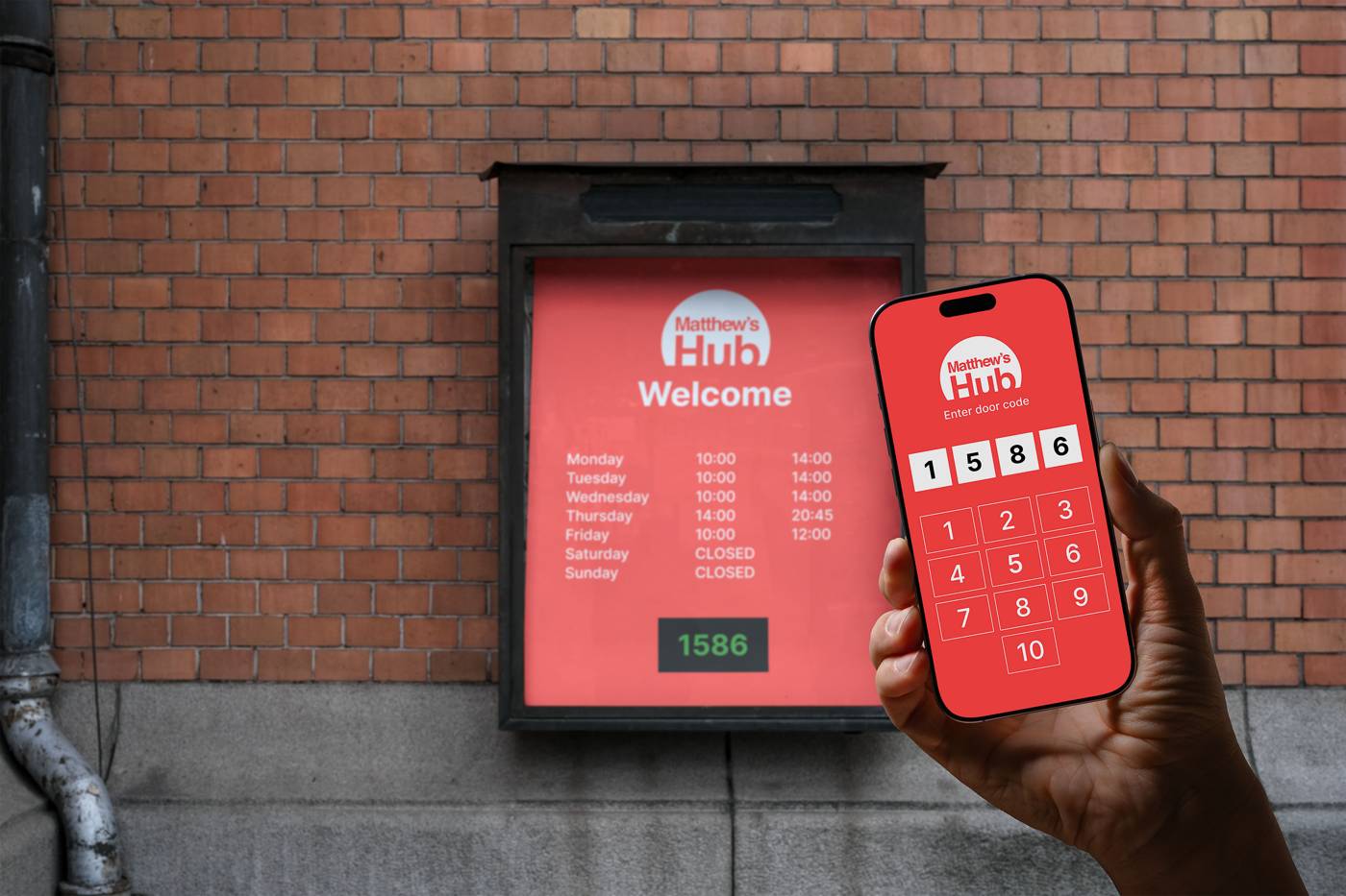 A hand holds a phone showing a keypad with the code 1586. In the background, a sign displays business hours for 'Matthew's Hub' against a brick wall.