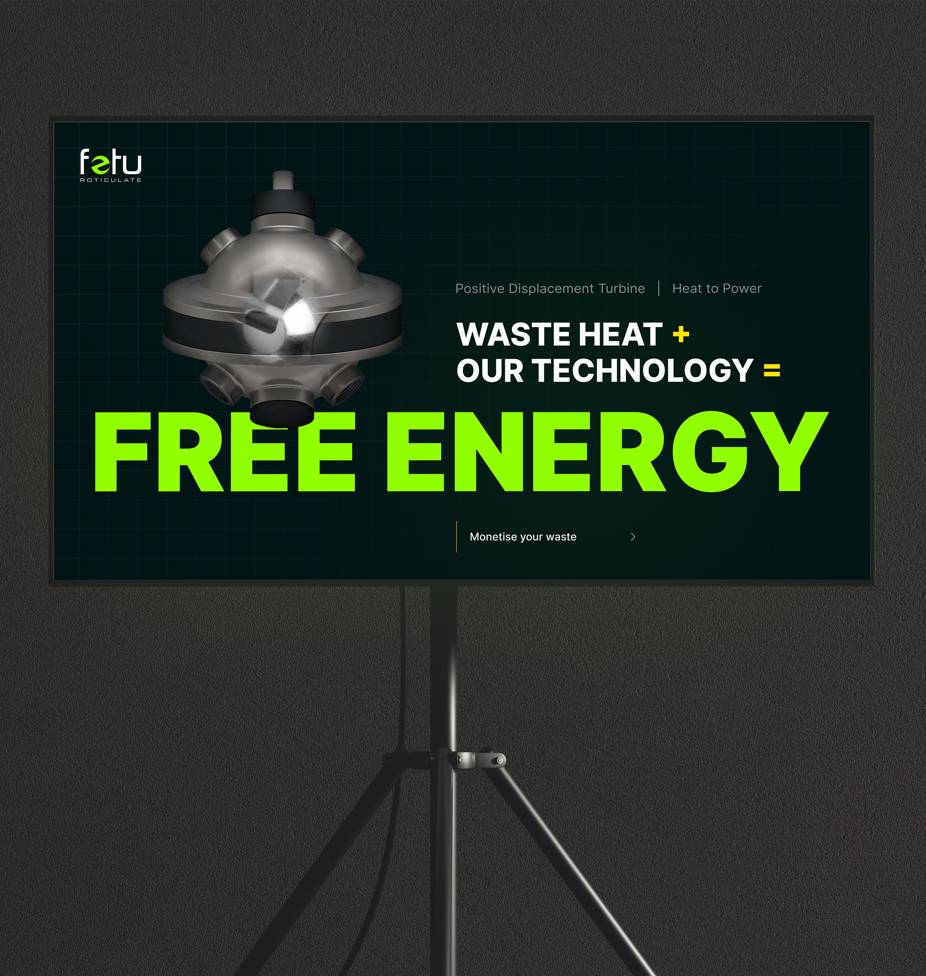 Presentation board reads: 'WASTE HEAT + OUR TECHNOLOGY = FREE ENERGY' in bold green text.