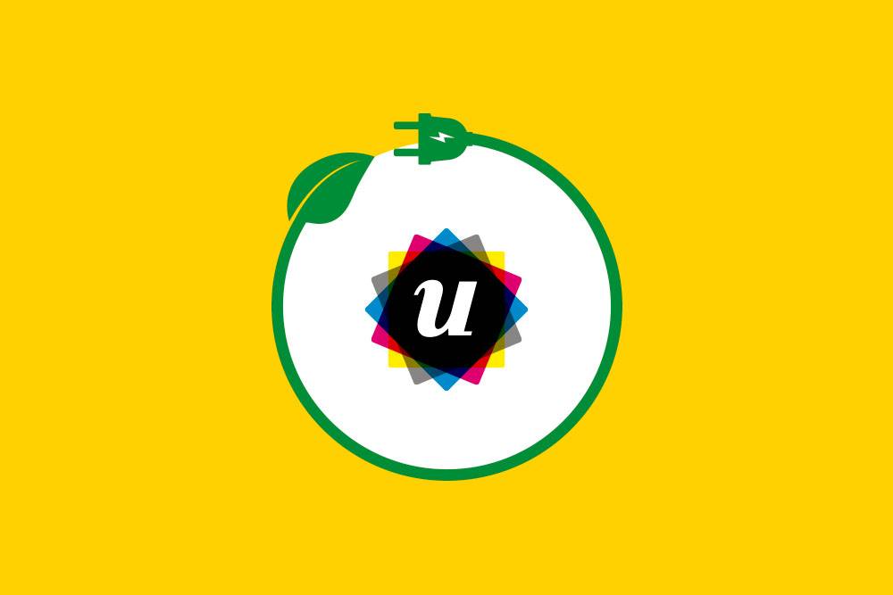 A green circular design with a leaf and plug encloses a layered multi-coloured diamond shape. A white 'u' is centred, set against a yellow background.