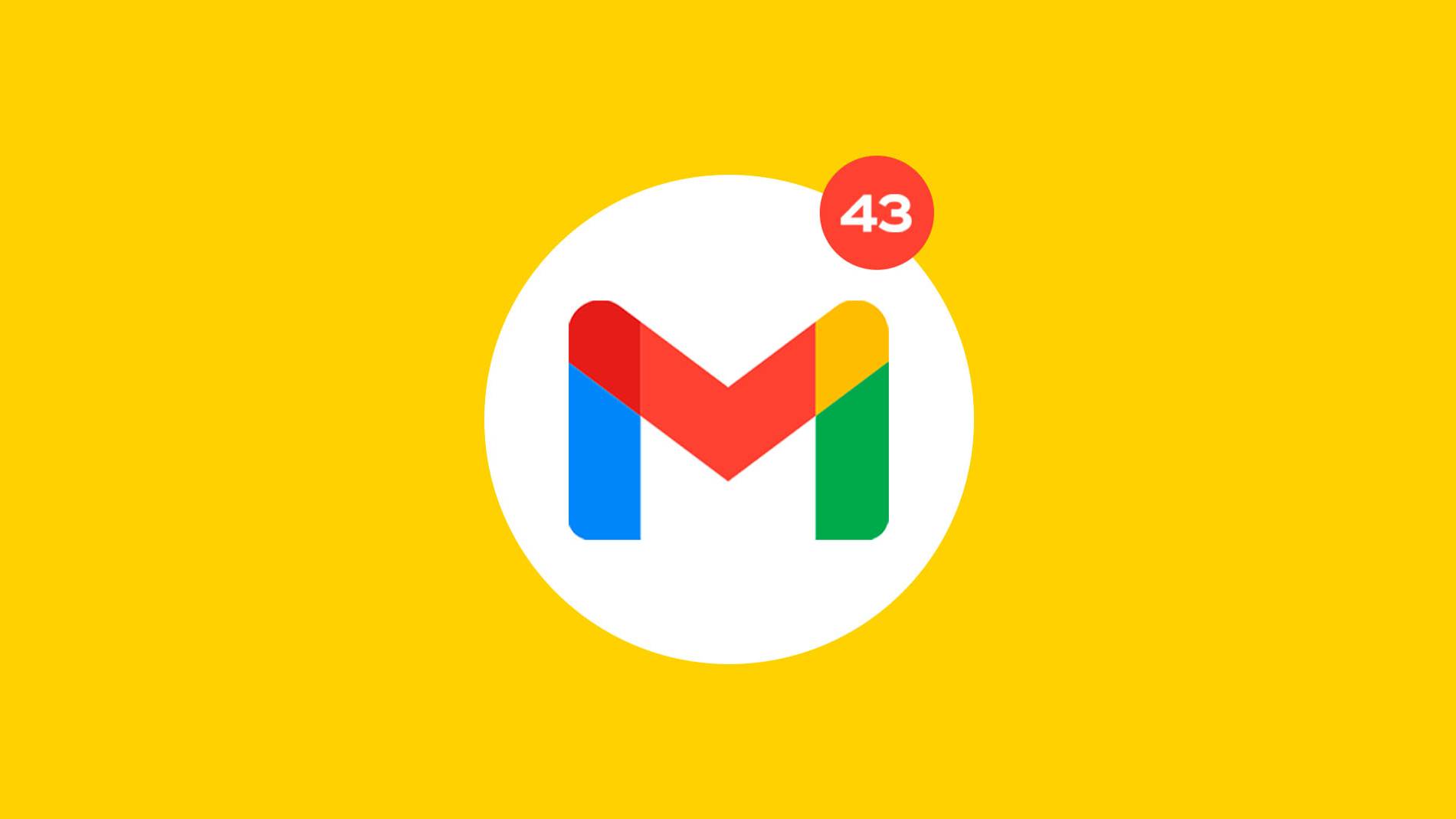 Gmail logo with a red notification bubble showing '43' against a vibrant yellow background, indicating 43 unread emails. Bright and alert tone.