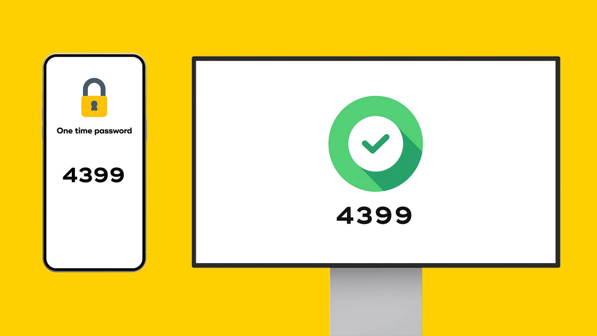 A smartphone and computer screen display the same OTP, '4399,' on a yellow background. The phone shows a lock symbol; the computer has a green checkmark.