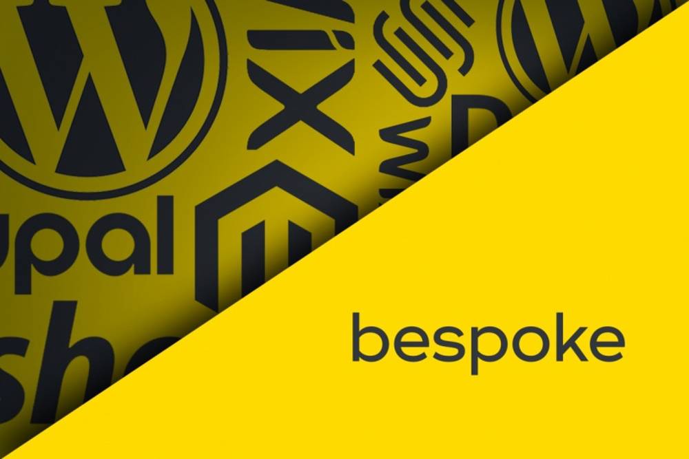 Yellow background with overlapping black tech company logos like WordPress and PayPal. The word 'bespoke' is prominently displayed on a yellow triangle.