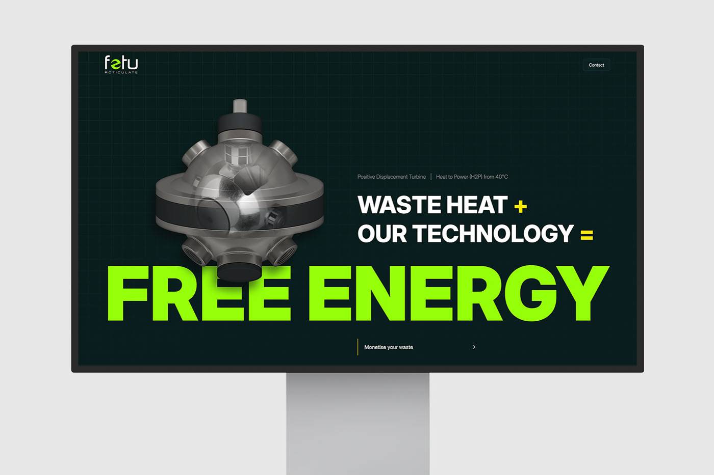 Monitor displaying a dark-themed website with a metallic device, bold text stating 'Waste Heat + Our Technology = Free Energy' in bright green, promoting sustainability.