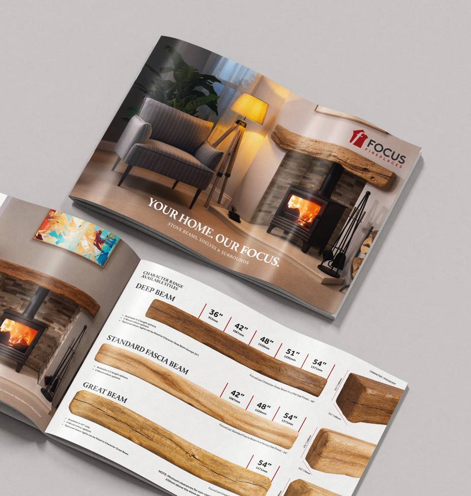 Open brochures displaying wood beam fireplace mantels, pricing, and product images on a light background, with the company logo and a living room photo shown on the cover.