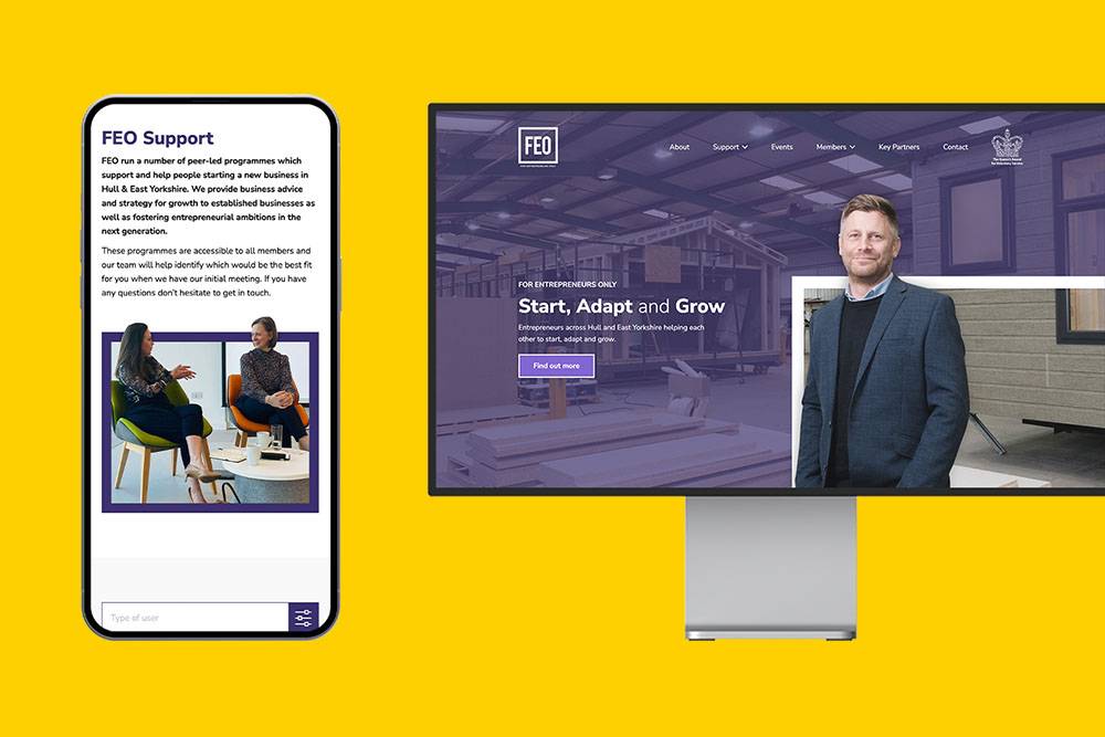 Dual screens on a bright yellow background; left, a smartphone displays 'FEO Support' text and two people discussing; right, a monitor shows 'Start, Adapt and Grow' with a man in a smart outfit.