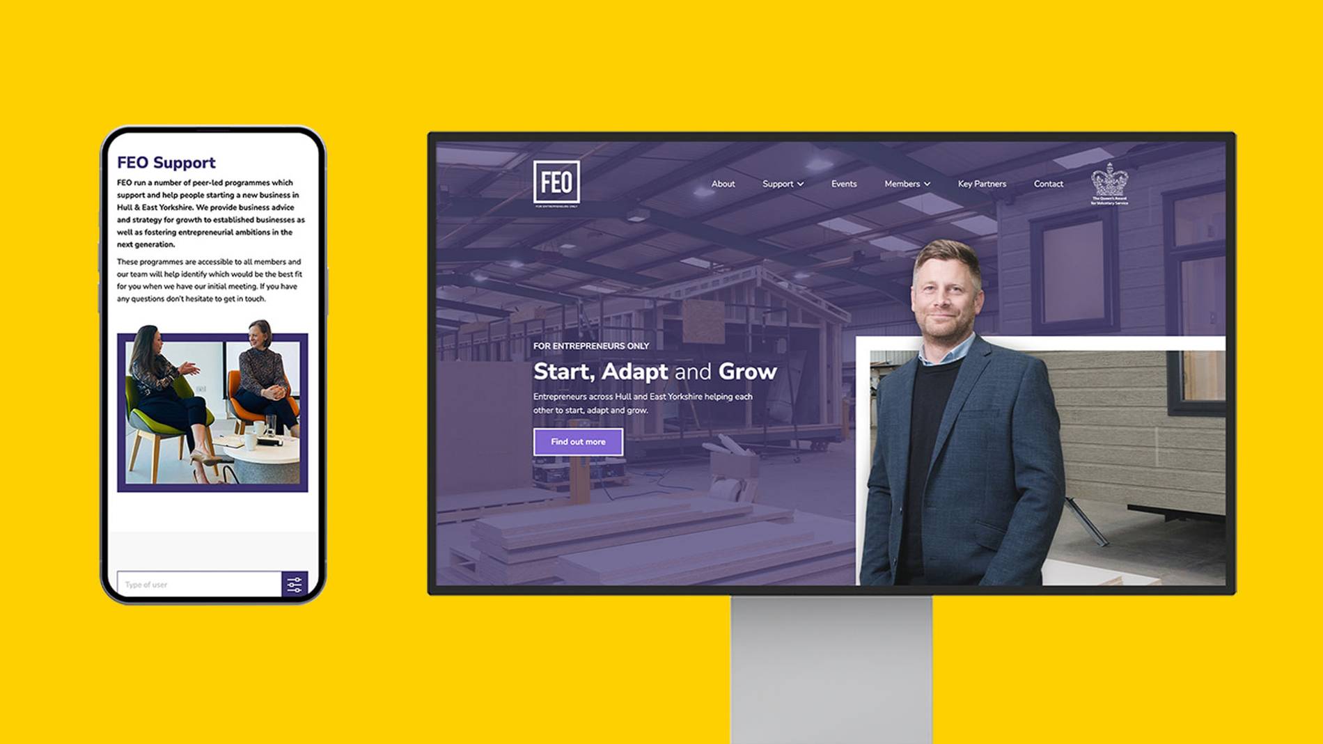 Dual screens on a bright yellow background; left, a smartphone displays 'FEO Support' text and two people discussing; right, a monitor shows 'Start, Adapt and Grow' with a man in a smart outfit.