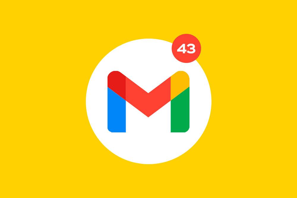 Gmail logo with a red notification bubble showing '43' against a vibrant yellow background, indicating 43 unread emails. Bright and alert tone.