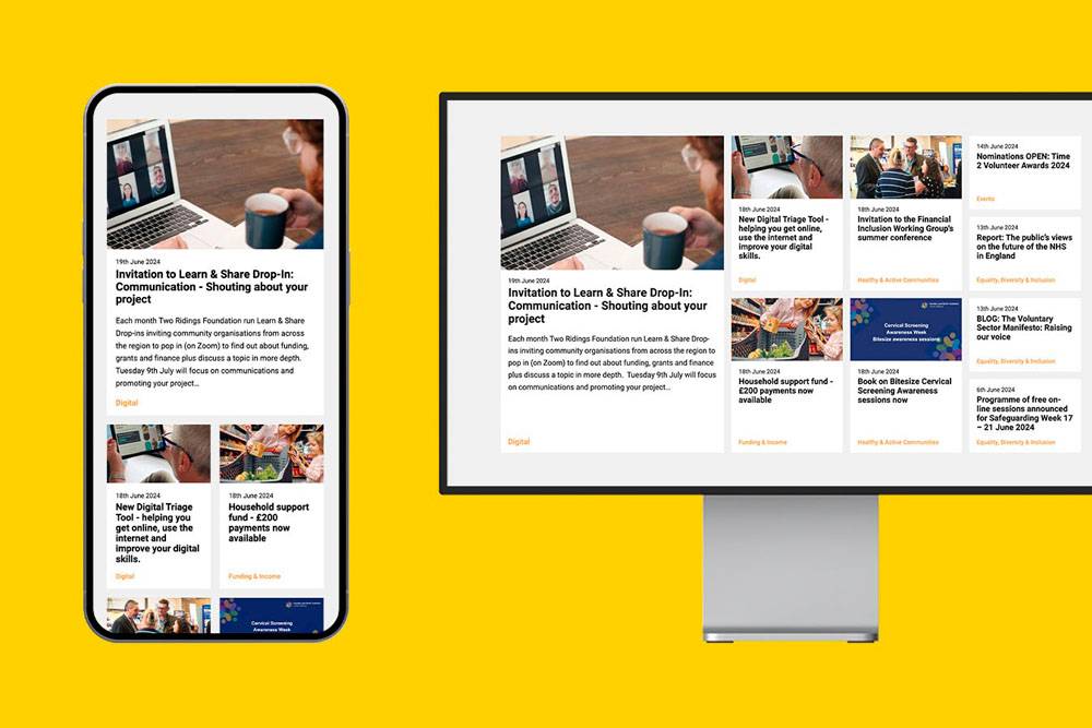 A smartphone and a desktop display a website with articles about digital communication and project management.