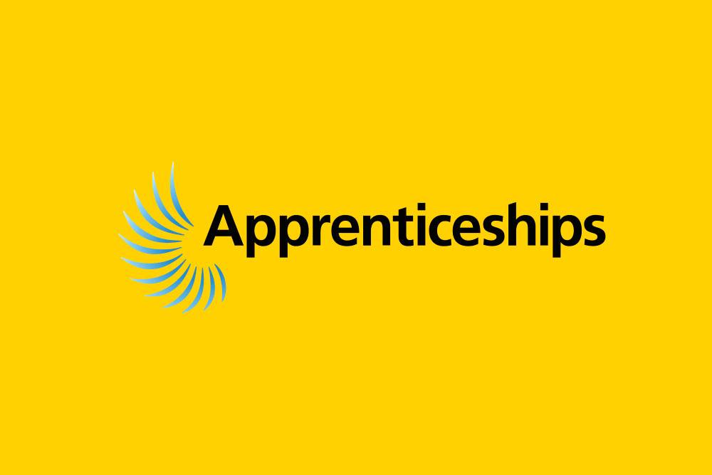 Yellow background with the word 'Apprenticeships' in bold black letters. A blue abstract swirl is on the left.