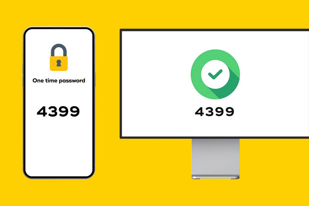A smartphone and computer screen display the same OTP, '4399,' on a yellow background. The phone shows a lock symbol; the computer has a green checkmark.
